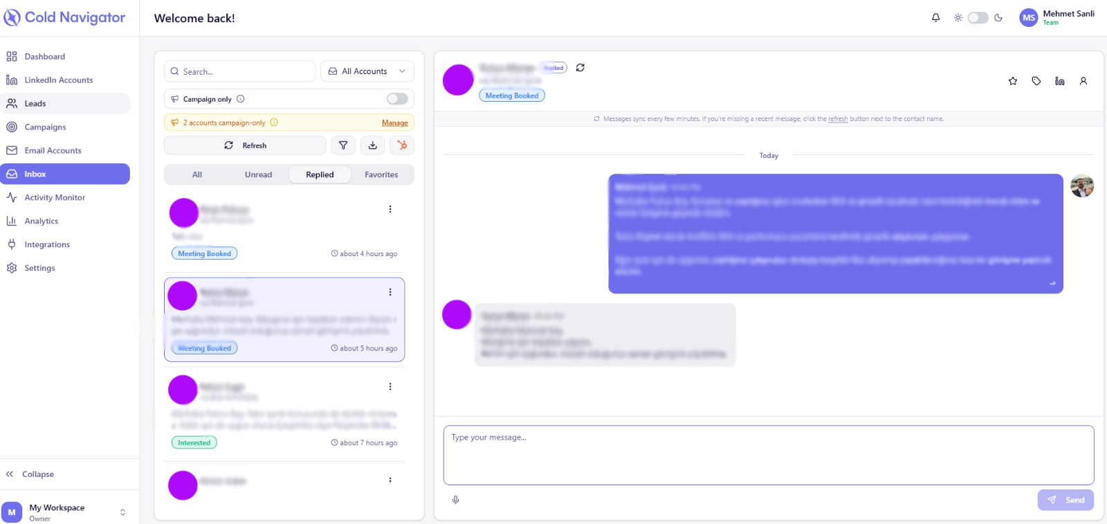 Cold Navigator unified inbox managing conversations across multiple LinkedIn accounts